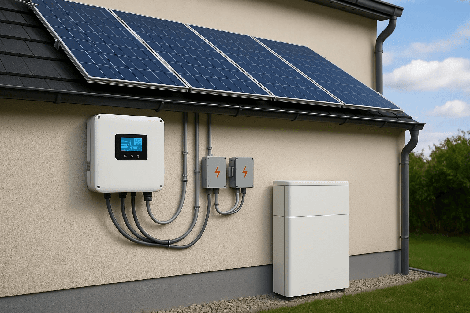 Hybrid inverter and home battery installed on an exterior wall